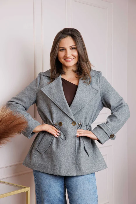 Jacheta dama gri din stofa cu talie reglabila Ruth