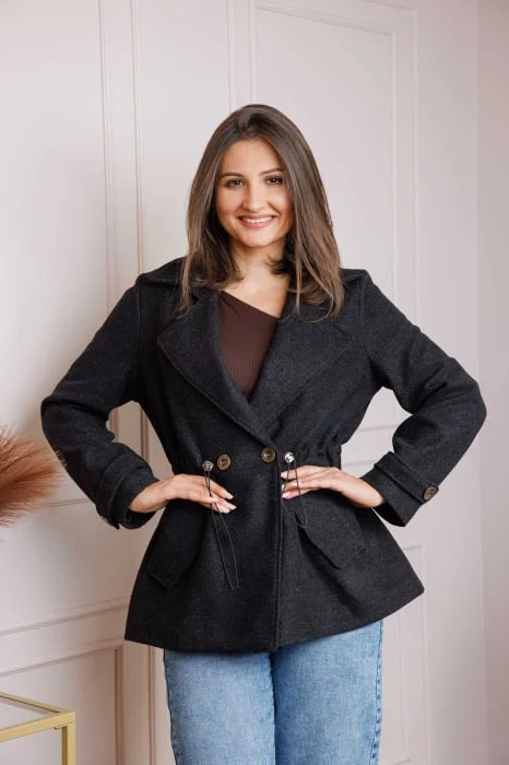 Jacheta dama neagra din stofa cu talie reglabila Ruth