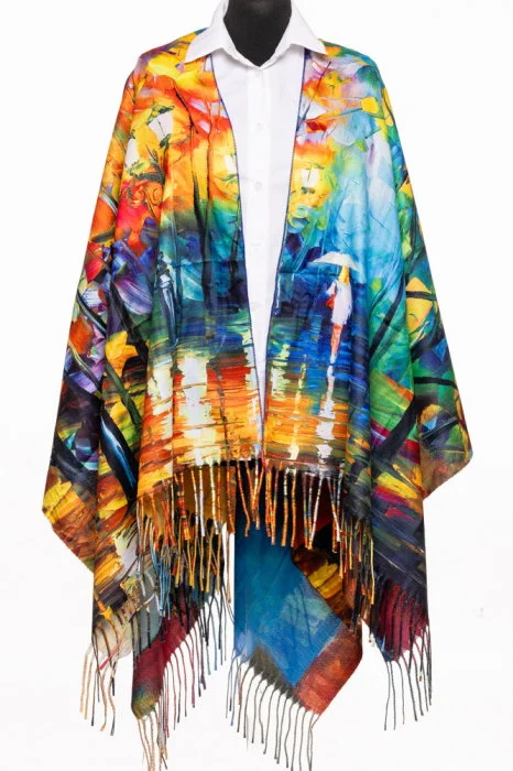 Esarfa poncho din casmir cu dubla fata, cu model inspirat  dupa peisaj fata cu umbrela