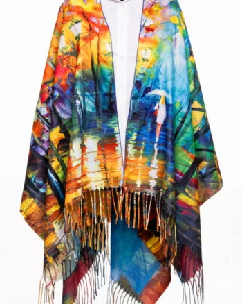Esarfa poncho din casmir cu dubla fata, cu model inspirat  dupa peisaj fata cu umbrela