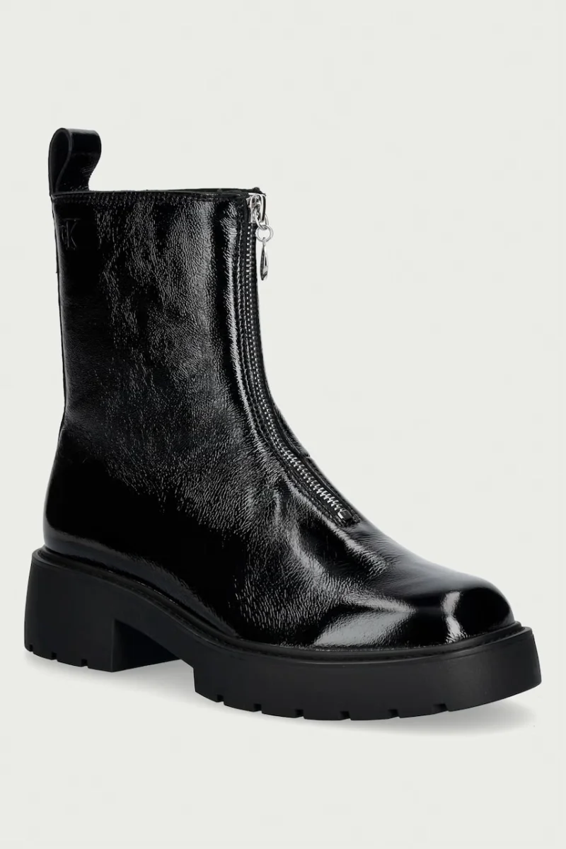 Calvin Klein  botine cu toc pentru femei din piele CHUNKY ZIP BOOT SHINY LTH
