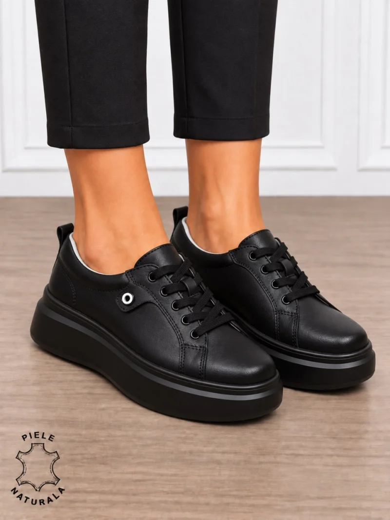 Pantofi damă din piele naturală cu șiret si talpa groasa CRL1858 NEGRU