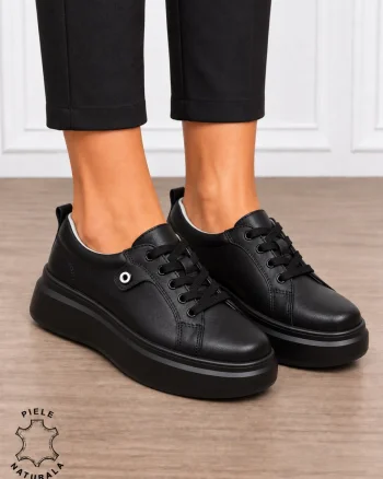 Pantofi damă din piele naturală cu șiret si talpa groasa CRL1858 NEGRU