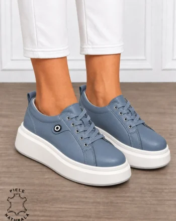 Pantofi damă din piele naturală cu șiret si talpa groasa CRL1858 ALBASTRU
