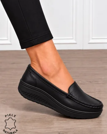 Mocasini damă din piele naturală cu șiret si talpa groasa CRL1859 NEGRU