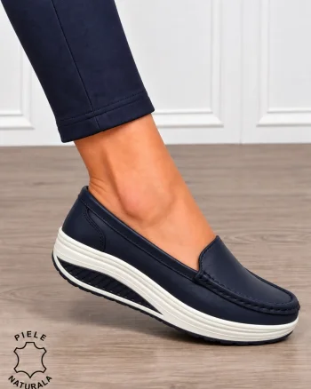 Mocasini damă din piele naturală cu șiret si talpa groasa CRL1859 BLEUMARIN