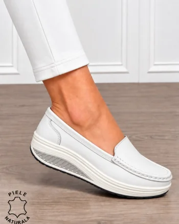 Mocasini damă din piele naturală cu șiret si talpa groasa CRL1859 ALB