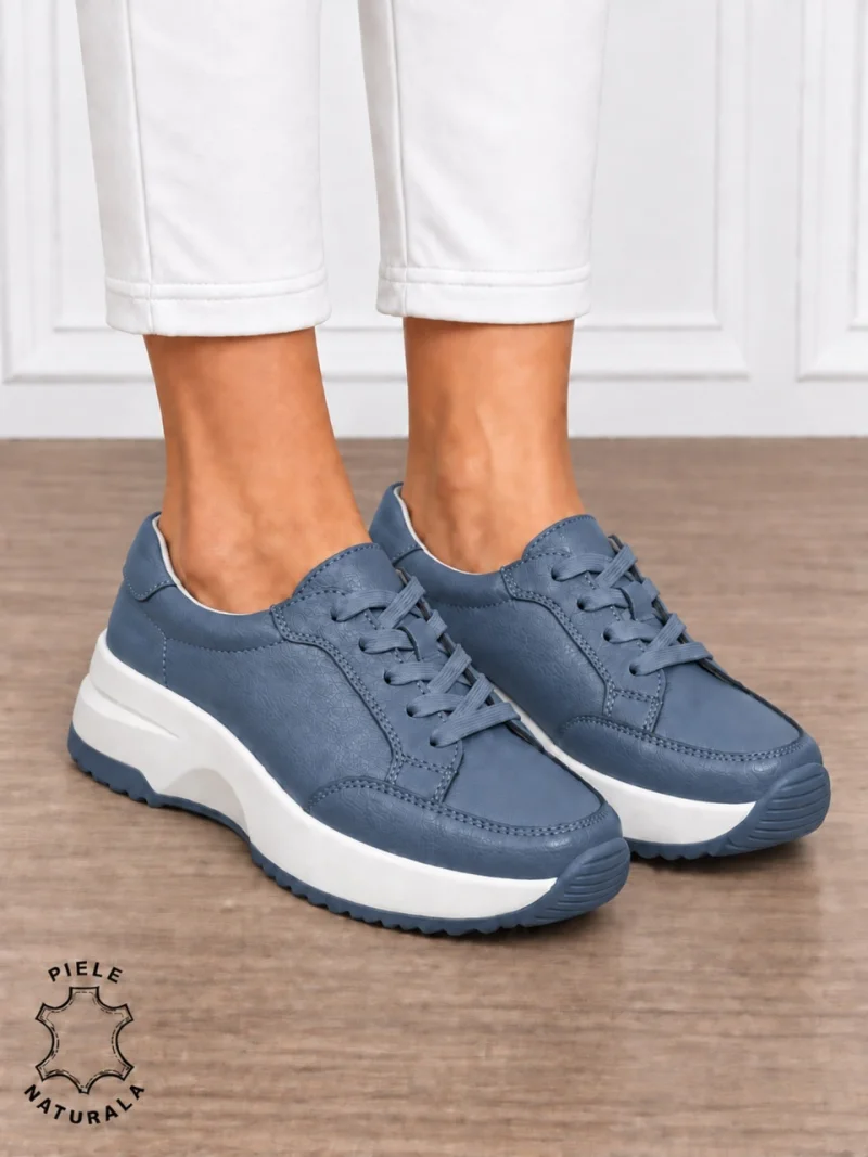 Pantofi damă din piele naturală cu șiret CRL1860 ALBASTRU