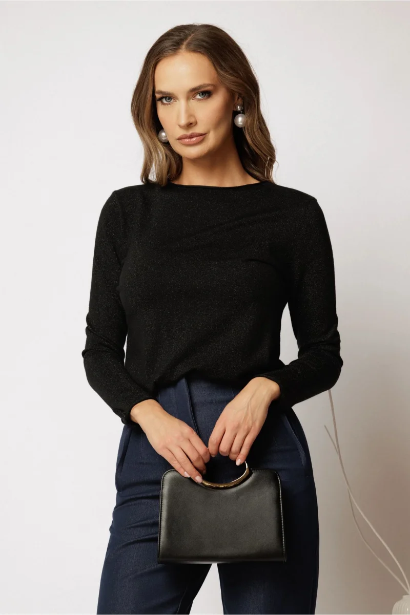 Bluza neagra din tricot cu fir lurex si decolteu rotund