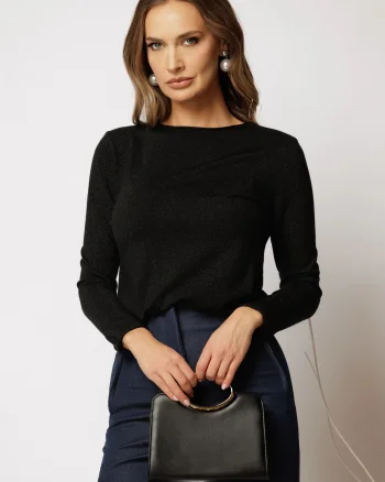 Bluza neagra din tricot cu fir lurex si decolteu rotund