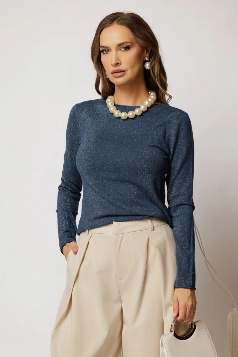 Bluza bleumarin din tricot cu fir lurex si decolteu rotund
