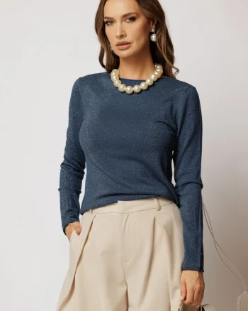 Bluza bleumarin din tricot cu fir lurex si decolteu rotund