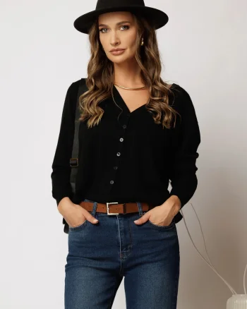 Bluza neagra tip cardigan din tricot cu inchidere cu nasturi