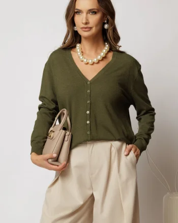 Bluza kaki tip cardigan din tricot cu inchidere cu nasturi