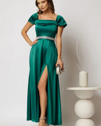 Rochie lunga Derya verde din tafta de ocazie