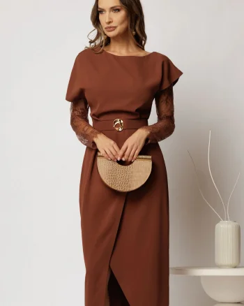Rochie DY Fashion midi caramizie din triplu voal cu croi petrecut