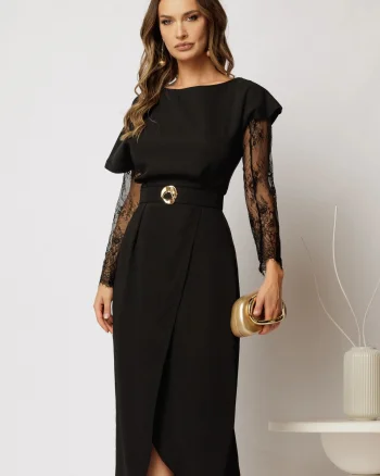 Rochie DY Fashion midi neagra din triplu voal cu croi petrecut
