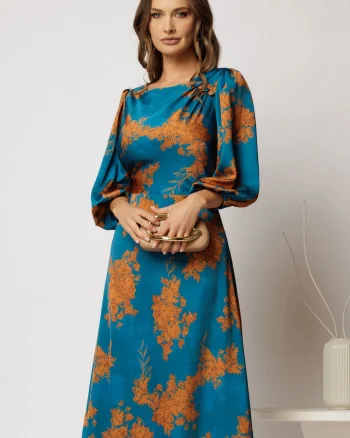 Rochie midi din satin turcoaz cu imprimeu caramiziu