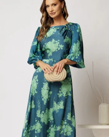 Rochie midi din satin verde cu imprimeu verde crud