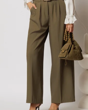 Pantaloni dama kaki cu croi larg si pense din talie