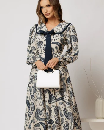 Rochie midi imprimeu floral bleumarin cu guler evidentiat cu volanas