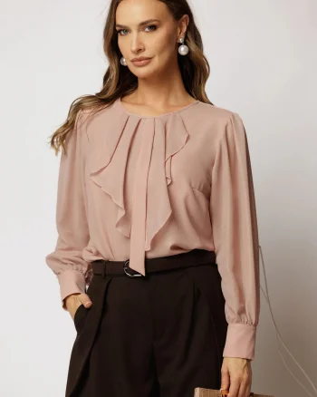 Bluza roz din voal cu sclipici si funda cu volanas la decolteu