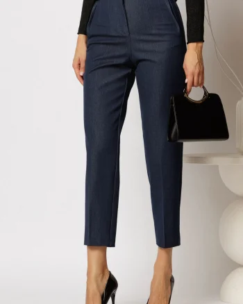 Pantaloni denim bleumarin cu croi conic si talie inalta