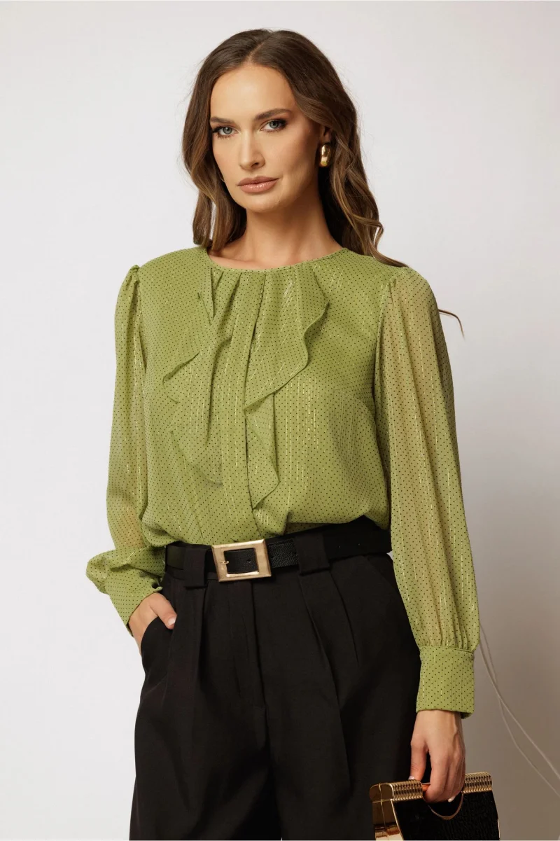 Bluza verde din voal cu buline si funda cu volanas la decolteu