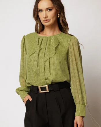Bluza verde din voal cu buline si funda cu volanas la decolteu