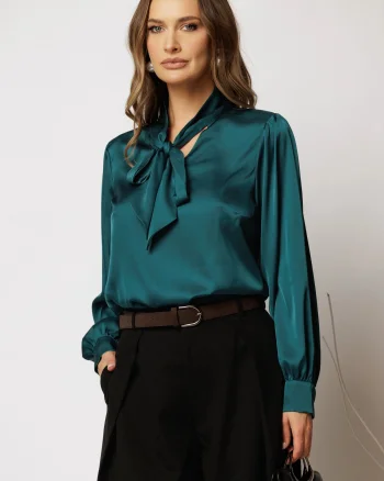 Bluza verde petrol din satin cu guler tip funda