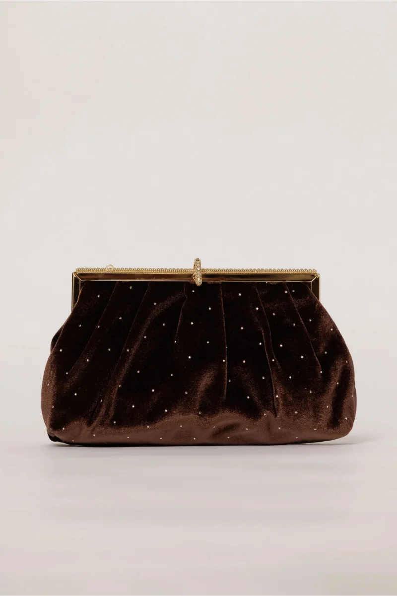 Clutch plic maro catifelat decorat cu pietre stralucitoare