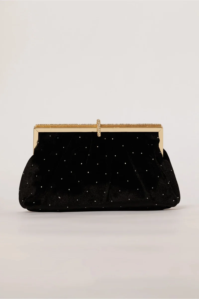 Clutch plic negru catifelat decorat cu pietre stralucitoare
