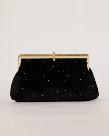 Clutch plic negru catifelat decorat cu pietre stralucitoare