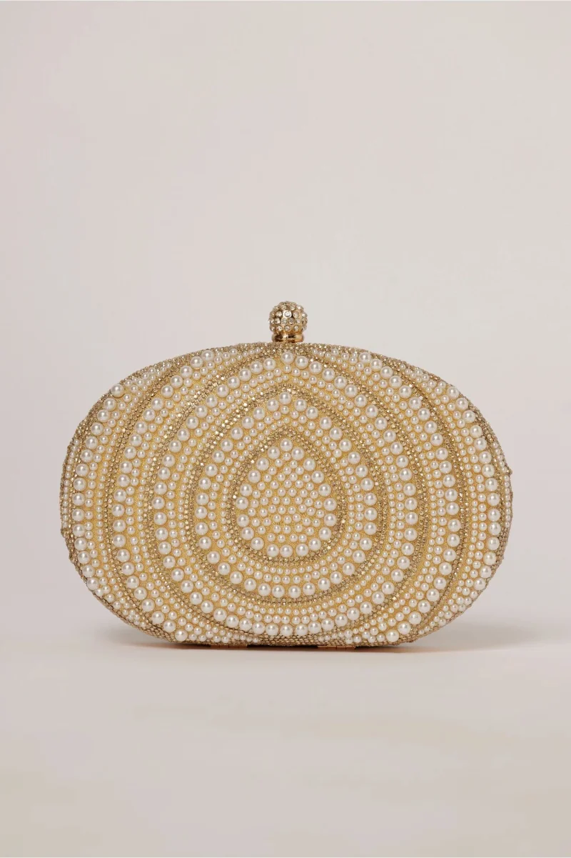 Clutch de ocazie auriu decorat cu strasuri si perlute