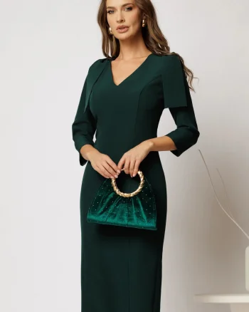 Rochie DY Fashion midi verde conica cu croi cambrat si funde pe umeri