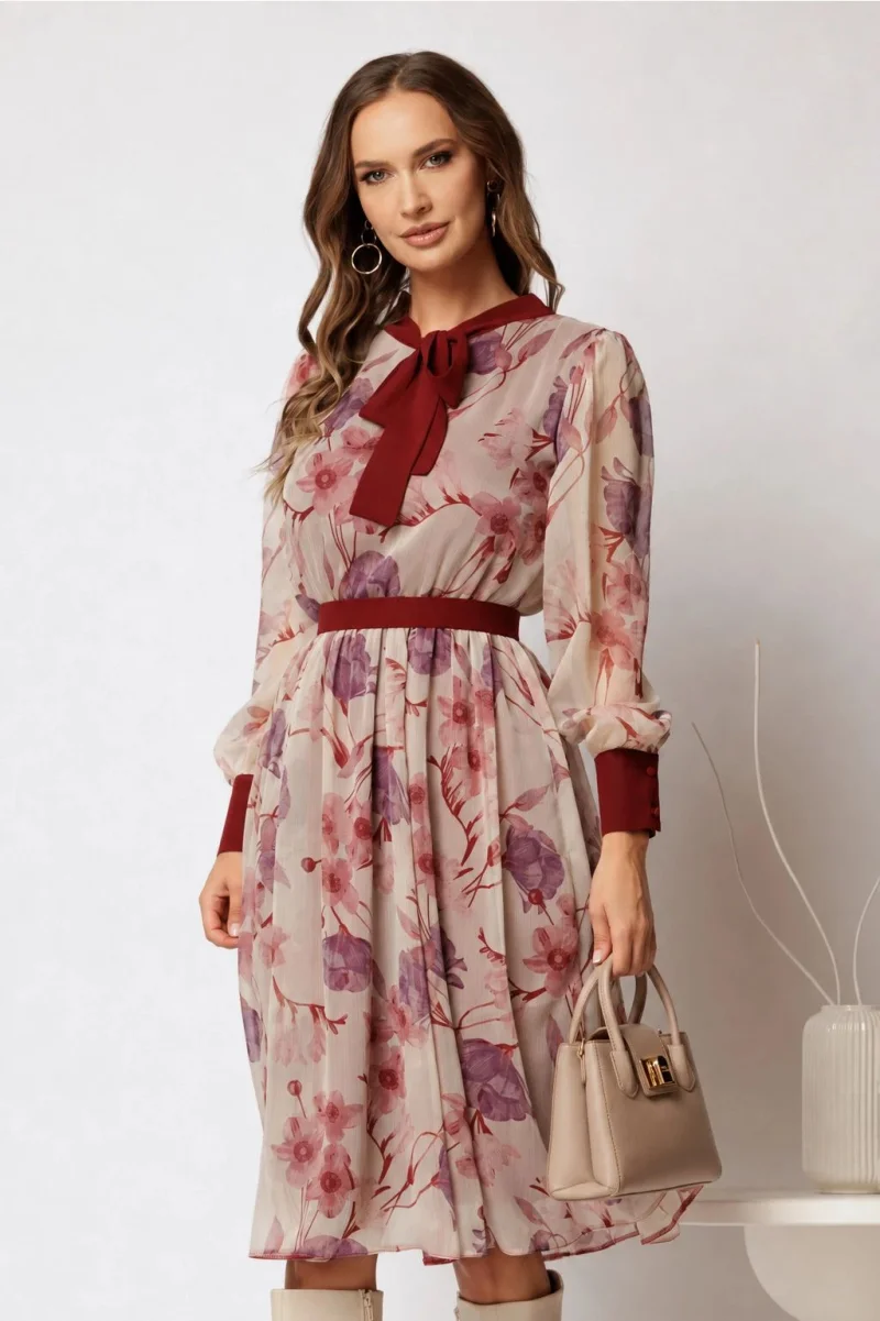Rochie DY Fashion midi din voal cu imprimeuri bordo si cordon in talie