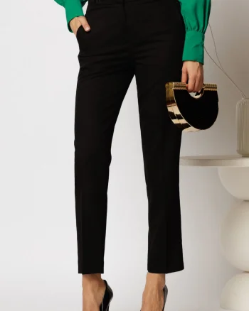 Pantaloni DY Fashion negri cu croi conic si impletituri la talie