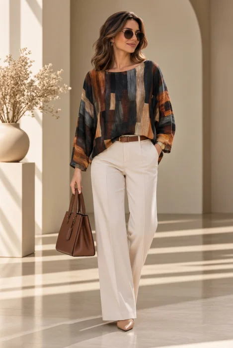 Bluza cu maneca fluture si imprimeu pictural  pensulat, nuante de maro
