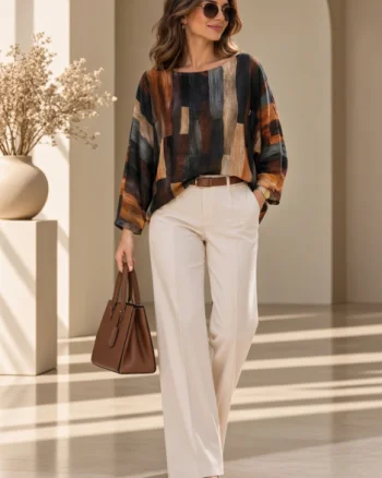 Bluza cu maneca fluture si imprimeu pictural  pensulat, nuante de maro