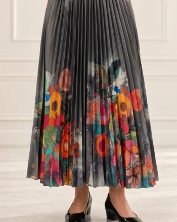 Fusta eleganta , plisata kaki, cu imprimeu floral multicolor