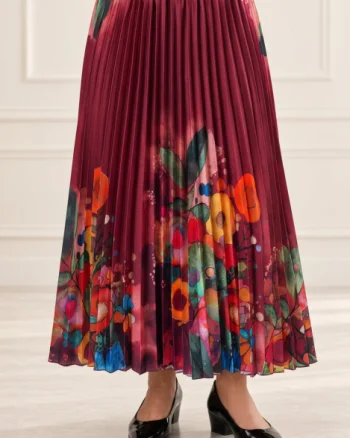 Fusta eleganta , plisata bordo, cu imprimeu floral multicolor