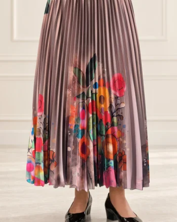 Fusta eleganta , plisata bej, cu imprimeu floral multicolor
