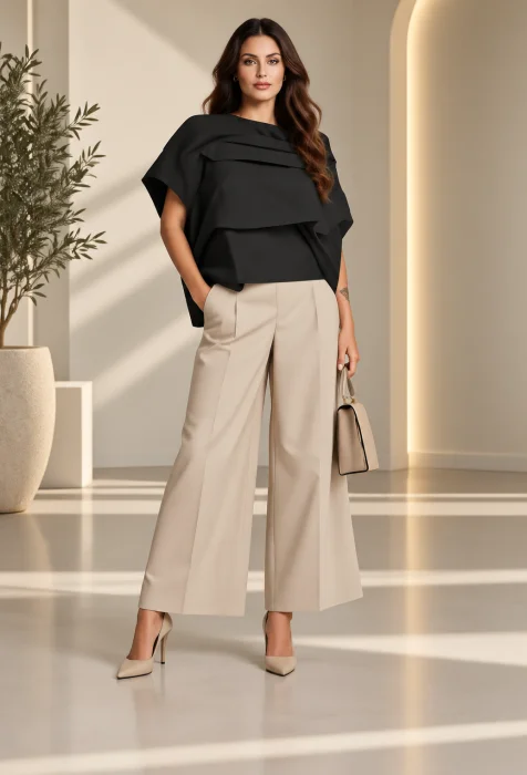 Bluza neagra asimetrica statement cu volum arhitectural ,   Design modern