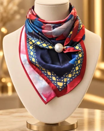 Esarfa satinata patrata cu nuferi pe fond bleumarin - cu perla decorativa si inchidere magnetica