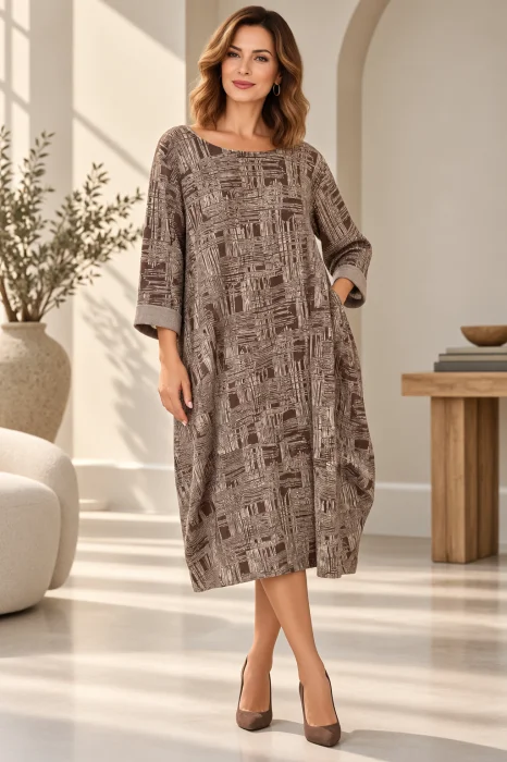 Rochie midi casual alb cu maron cald cu imprimeu artistic abstract si croi lejer