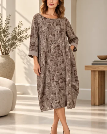 Rochie midi casual alb cu maron cald cu imprimeu artistic abstract si croi lejer