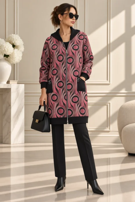 Cardigan oversize cu motive jacquard in nuante de rosu si bordo, gluga neagra si croi lejer ,   stil urban-chic