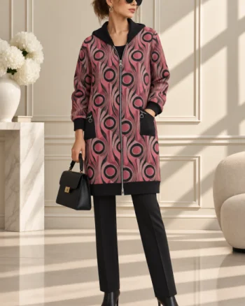 Cardigan oversize cu motive jacquard in nuante de rosu si bordo, gluga neagra si croi lejer ,   stil urban-chic