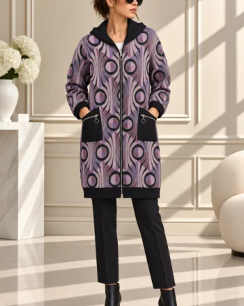 Cardigan oversize cu motive jacquard in nuante de mov, gluga neagra si croi lejer ,   stil urban-chic