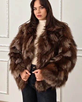 Haina dama FELYNA din blana naturala de vulpe, cu captuseala satinata, Negru-Maro, Marime universala S/M/L